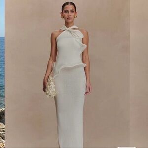 Meshki Cream Halter Ruffle Column Maxi Dress